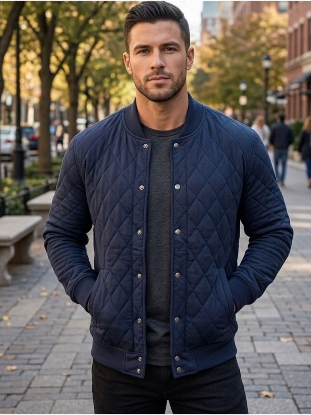 Magaschoni Navy Quilted Full Zip Bomber Jacket New XL Trendy City NWT